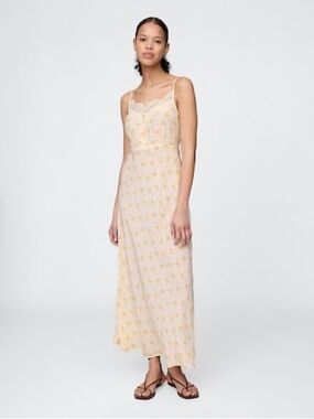 The Gap Crepe Lace-Trim Sweetheart Maxi Dress in yellow floral. Size XL